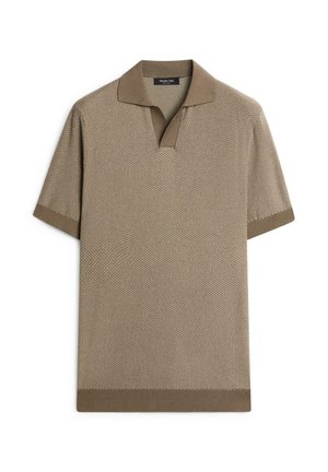 Polo en maille à manches courtes beige avec motif texturé, col, poignets et ourlet côtelés.