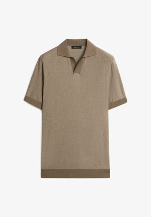 Polo en maille à manches courtes beige avec motif texturé, col, poignets et ourlet côtelés.