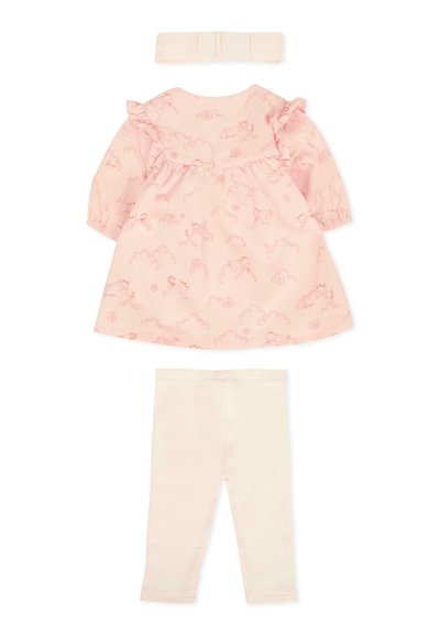 Abito rosa con maniche a volant, motivo nuvoloso e tigri arancioni, abbinato a leggings rosa chiaro e a un cerchietto coordinato.