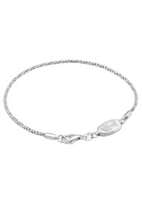 Silver twisted chain bracelet featuring a lobster clasp and an oval charm with an engraved design. Smooth texture with reflective surfaces.