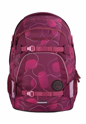 Lila Rucksack mit kreisförmigen Mustern in verschiedenen Rosatönen. Verfügt über verstellbare Träger, Reißverschlüsse und ein hervorgehobenes Logo auf der Vorderseite.