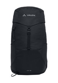 Sac à dos noir avec une texture lisse, doté d'un rabat supérieur, d'une fermeture à boucle à l'avant, d'une poche latérale et d'un label "JURA 18" en bas.