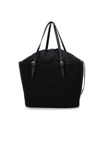 Borsa a tracolla di tessuto intrecciato nero con forma arrotondata, foderata in nero liscio e dotata di due manici in pelle regolabili con fibbie dorate.