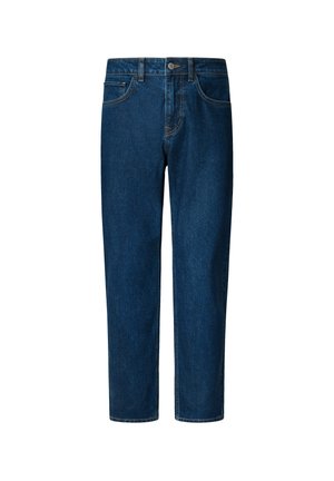 Jeans din denim albastru închis cu croi drept, cinci buzunare și cusături contrastante. Tivul este tăiat puțin deasupra gleznei.