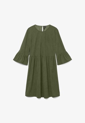 Oljčno zelena obleka s krožnim izrezom in tričetrtnimi razširjenimi rokavi. Razširitev pri pasu, tekstilna tkanina in zadrga na hrbtni strani.