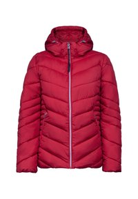 Rote isolierte Jacke mit Kapuze, die ein gestepptes Design, einen Frontreißverschluss und zwei Seitentaschen aufweist. Glatte Textur und leichtes Material.