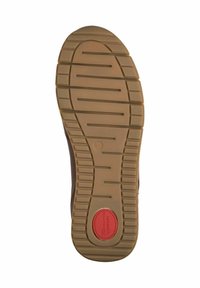Semelle d'une chaussure en caoutchouc brun texturé avec des rainures horizontales et verticales, un accent rouge circulaire et une indication de taille.