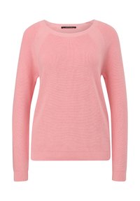 Helle rosa gestrickter Pullover mit Rundhalsausschnitt, langen Raglanärmeln und gerippten Bündchen und Saum. Die Textur ist glatt mit einem feinen Gewebe-Muster.