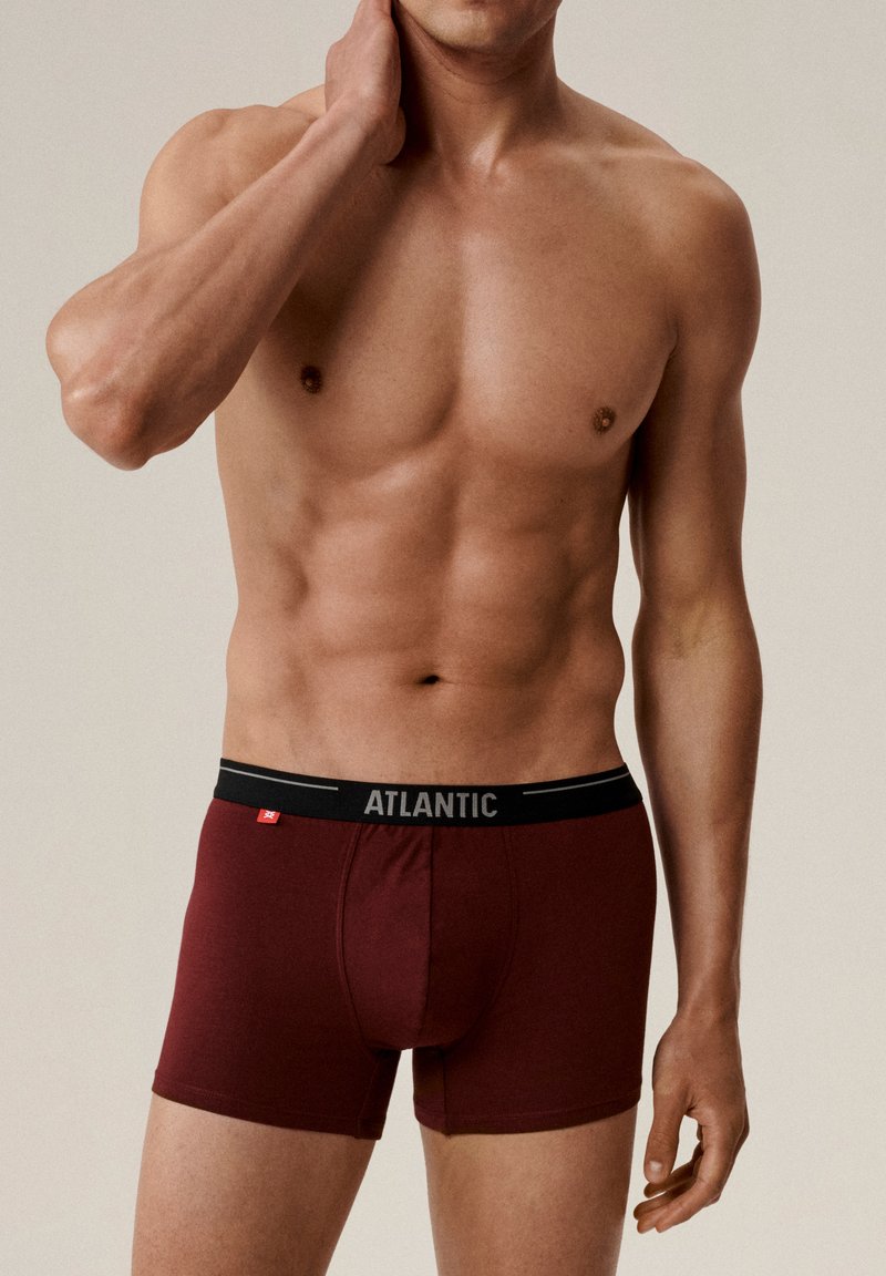 Bordowe bokserki z czarnym pasem z napisem "ATLANTIC". Dopasowany krój, materiał bawełniany, gładka tekstura i szwy.