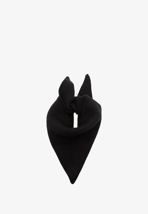 Schwarzer gestrickter Schal in Dreiecksform mit einem geknoteten Design an der Oberseite und durchgehendem Rippenstruktur.