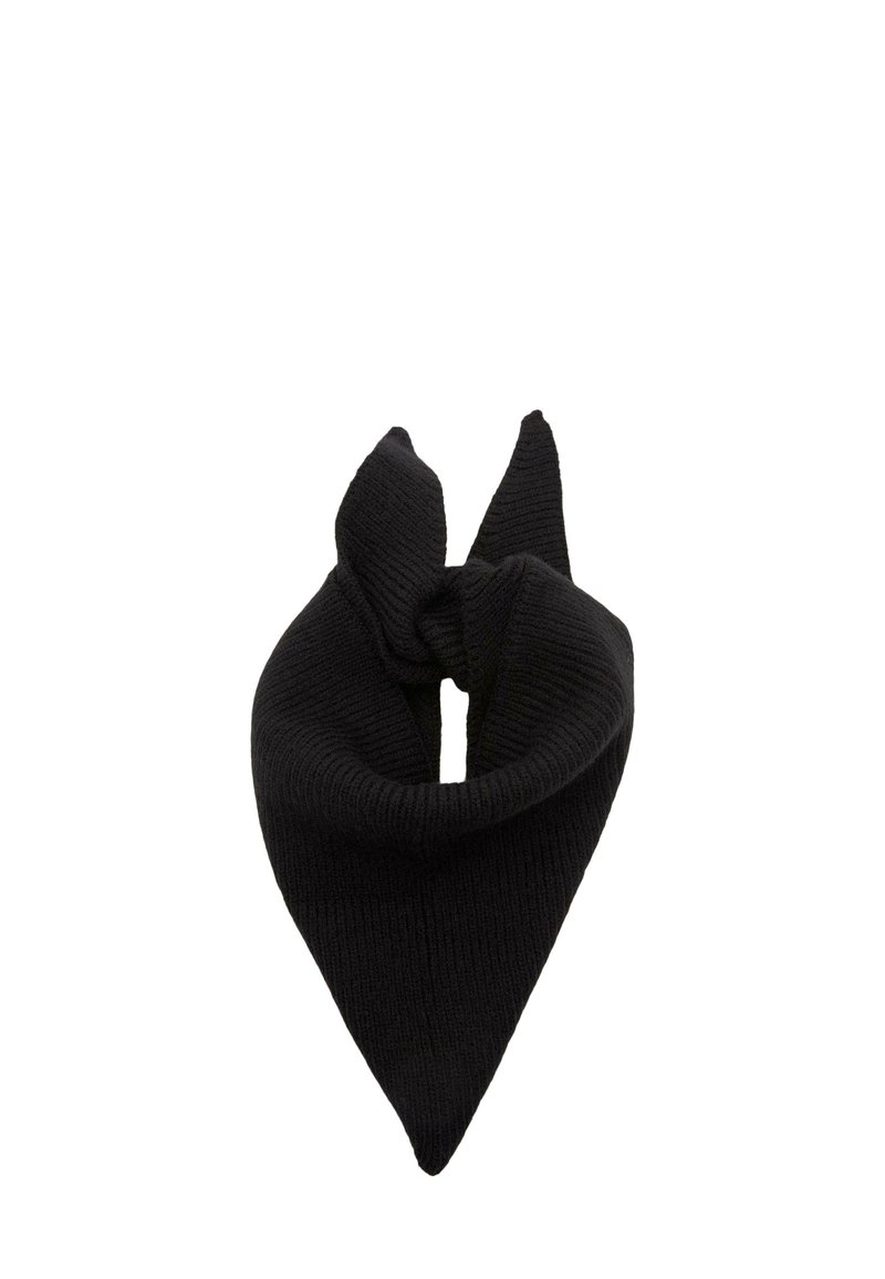 Zwarte gebreide sjaal in de vorm van een driehoek, met een geknoopt ontwerp aan de bovenkant en een geribbelde structuur over het geheel.