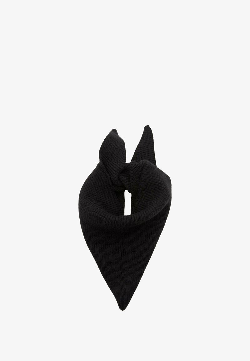Zwarte gebreide sjaal in de vorm van een driehoek, met een geknoopt ontwerp aan de bovenkant en een geribbelde structuur over het geheel.