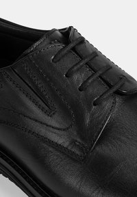 Schwarzer Lederschuh mit glatter Textur, klassischem Schnürdesign, subtilen Nähdetails und einer flachen Sohle.