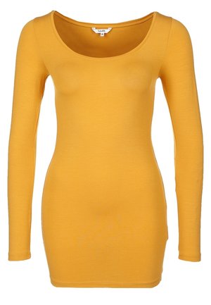 Long-sleeved, fitted top in a vibrant yellow color. Features a scoop neckline and made of soft, stretchy fabric. Clean, smooth texture.