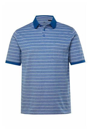 Niebieska koszulka polo w paski z jednolitą niebieską kołnierzykiem i rękawami. Posiada dwa guziki i kieszeń na piersi. Miękka tekstura, casualowy design.