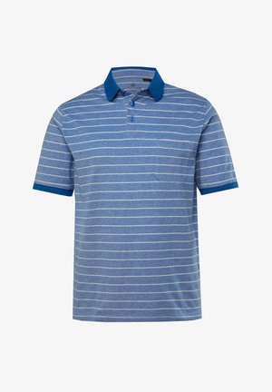 Niebieska koszulka polo w paski z jednolitą niebieską kołnierzykiem i rękawami. Posiada dwa guziki i kieszeń na piersi. Miękka tekstura, casualowy design.