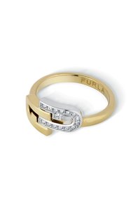 Guldbandring med en silverbuckle-design prydd med klara kristaller. Stämplad med "FURLA" på den inre bandet.