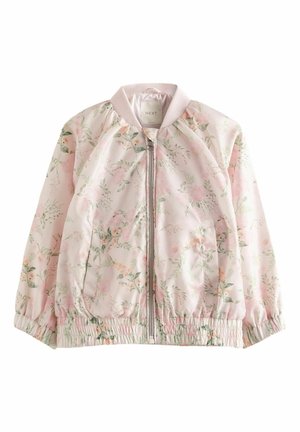 Veste zippée fleurie rose clair avec poignets et ourlet élastiques, deux poches avant et un col côtelé.
