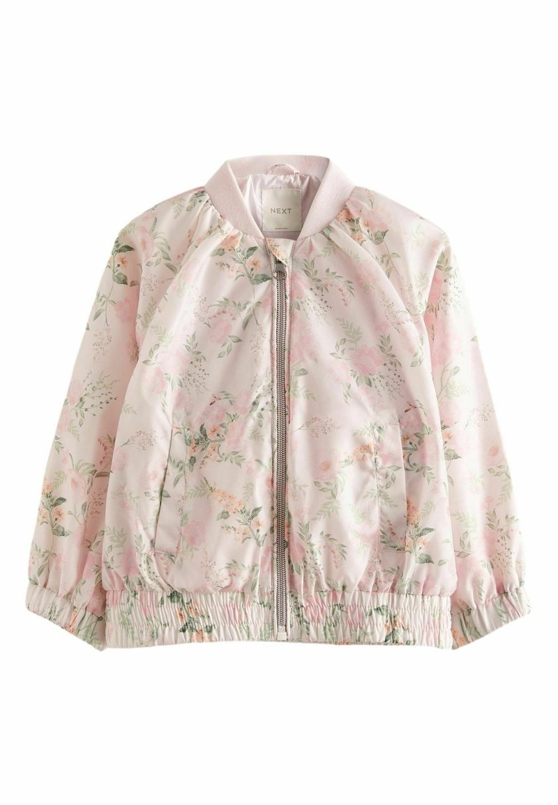Veste zippée fleurie rose clair avec poignets et ourlet élastiques, deux poches avant et un col côtelé.