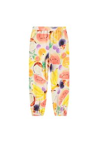 Puuvillatrikoot, joissa on värikäs hedelmäkuosi, joka sisältää vesimelonia, banaaneja ja kookoksia. Joustava vyötärönauha ja kerätyt hihnat.