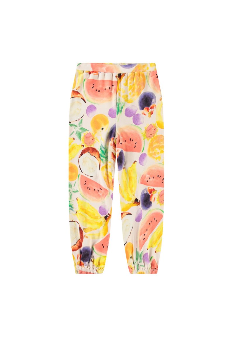 Puuvillatrikoot, joissa on värikäs hedelmäkuosi, joka sisältää vesimelonia, banaaneja ja kookoksia. Joustava vyötärönauha ja kerätyt hihnat.