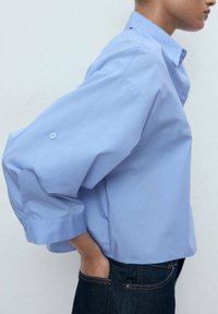 Lichtblauwe, button-up shirt met een relaxte pasvorm en volumineuze mouwen. Kenmerkt zich door een klassieke kraag, knoop bij de manchet en een gladde textuur.