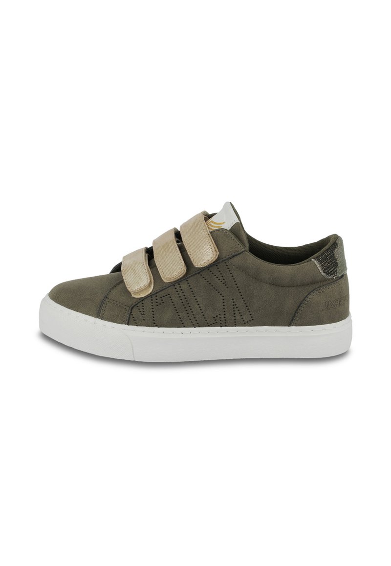 Green suede sneaker with three beige Velcro straps, white rubber sole, and textured accents. Side features stitched design and logo.