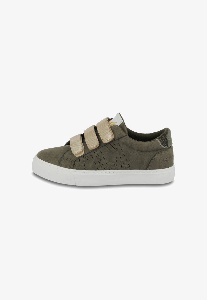 Green suede sneaker with three beige Velcro straps, white rubber sole, and textured accents. Side features stitched design and logo.