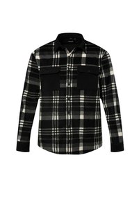 Chemise à carreaux noir et blanc à boutons avec deux poches avant. Le tissu semble doux avec une finition texturée, comportant un col.