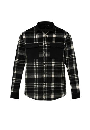 Black and white plaid button-up shirt with two front pockets. The fabric appears to be soft with a textured finish, featuring a collared neck.