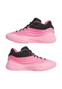 Pink athletic shoes with black accents, featuring a wavy design, textured fabric, and contrasting laces. Rounded toe and padded collar.