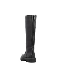 Hohe schwarze Lederstiefel mit glatter Textur, seitlichem Reißverschluss, stabiler Sohle und abgerundeter Zehenform für einen angenehmen Tragekomfort.