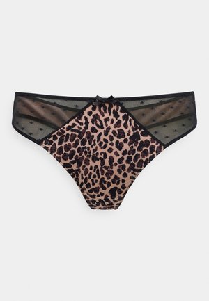 Leopard print panties with mesh panels in black, featuring a satin bow at the center. Textured animal print with solid black accents.