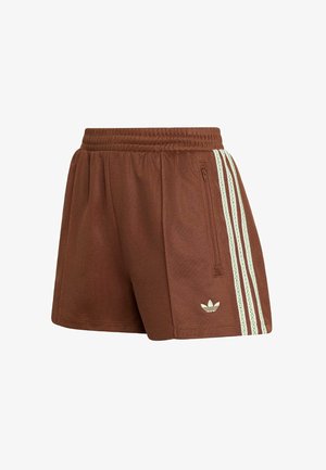 Braune Adidas-Sportshorts mit elastischem Bund, Reißverschlusstasche an der Seite, drei weißen Streifen und Logo am linken Bein.