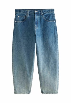 Straight-leg blue denim jeans with front button and zipper, belt loops, and five-pocket design.