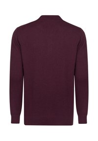 Burgundowa dzianinowa sweter o miękkiej teksturze, z długimi rękawami i prążkowanym dekoltem oraz mankietami, charakteryzujący się czystym, prostym designem.