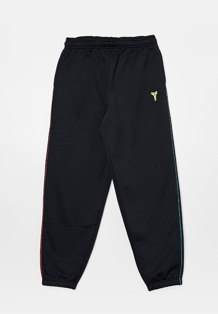 Pantaloni sportivi neri con tessuto testurizzato, vita elastica e strisce accentate in rosso e verde acqua sui lati. Dettaglio logo verde sul davanti.