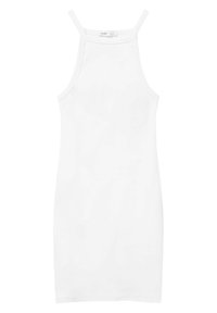 Vestito bianco senza maniche con design aderente. Realizzato in tessuto liscio, presenta un collo alto e spalline sottili. Estetica semplice e minimalista.
