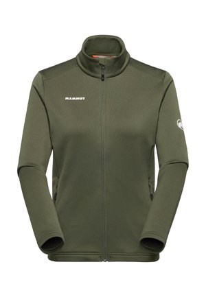 Zielona oliwkowa kurtka na zamek, wykonana z miękkiego materiału, z wysokim kołnierzem, długimi rękawami i bocznymi kieszeniami. Logo marki umieszczone z przodu.