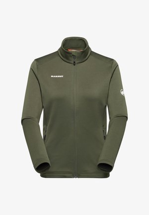 Olivgrüne Zip-Jacke aus weichem Material mit hohem Kragen, langen Ärmeln und seitlichen Taschen. Markenlogo auf der Vorderseite angebracht.