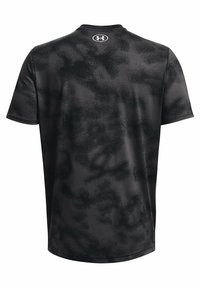 Black Under Armour short-sleeve athletic shirt with a subtle camouflage pattern and logo centered near the neckline on the back.
