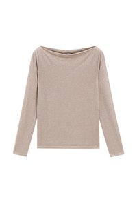 Maglietta beige a maniche lunghe con una leggera lucentezza e un'ampia scollatura drappeggiata.