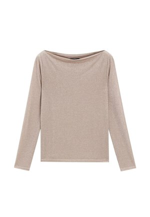 Maglietta beige a maniche lunghe con una leggera lucentezza e un'ampia scollatura drappeggiata.