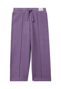 Pantaloni della tuta viola con vita elasticizzata, cordino, dettagli sulla cucitura frontale e una piccola etichetta bianca del brand sulla vita.