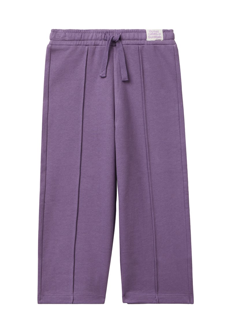 Pantaloni della tuta viola con vita elasticizzata, cordino, dettagli sulla cucitura frontale e una piccola etichetta bianca del brand sulla vita.
