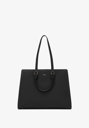 Melna ādas rokassoma ar teksturētu virsmu, divām augšējām rokturiem un zeltainiem aksesuāriem. Iespējo strukturētu taisnstūra formu.