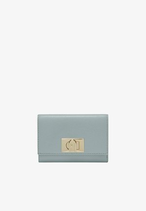 Light blue leather wallet featuring a textured finish, gold hardware clasp, and stitched edges. Compact rectangular shape with a smooth surface.