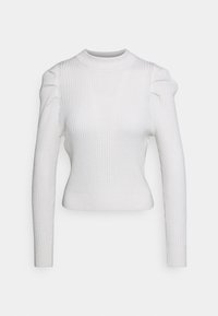 Pull blanc en maille côtelée avec un col montant, une forme ajustée et des manches bouffantes. Texture douce, tissu extensible et manches longues avec poignets côtelés.