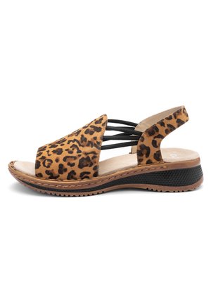Brown leopard-print open-toe sandal with black elastic straps, cushioned insole, and textured black and brown sole.