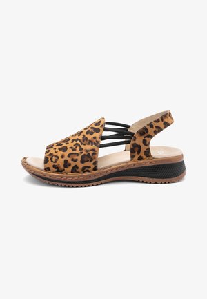 Brown leopard-print open-toe sandal with black elastic straps, cushioned insole, and textured black and brown sole.